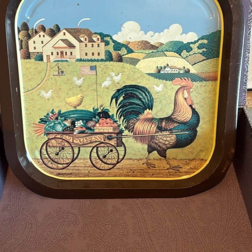 Vintage Rooster metal platter